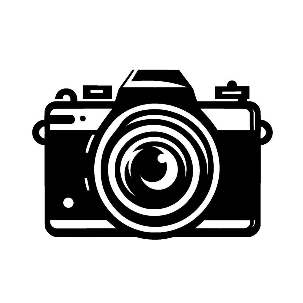 Stylized Black and White Camera Illustration with Focused Lens, Minimalist on White Background. vector