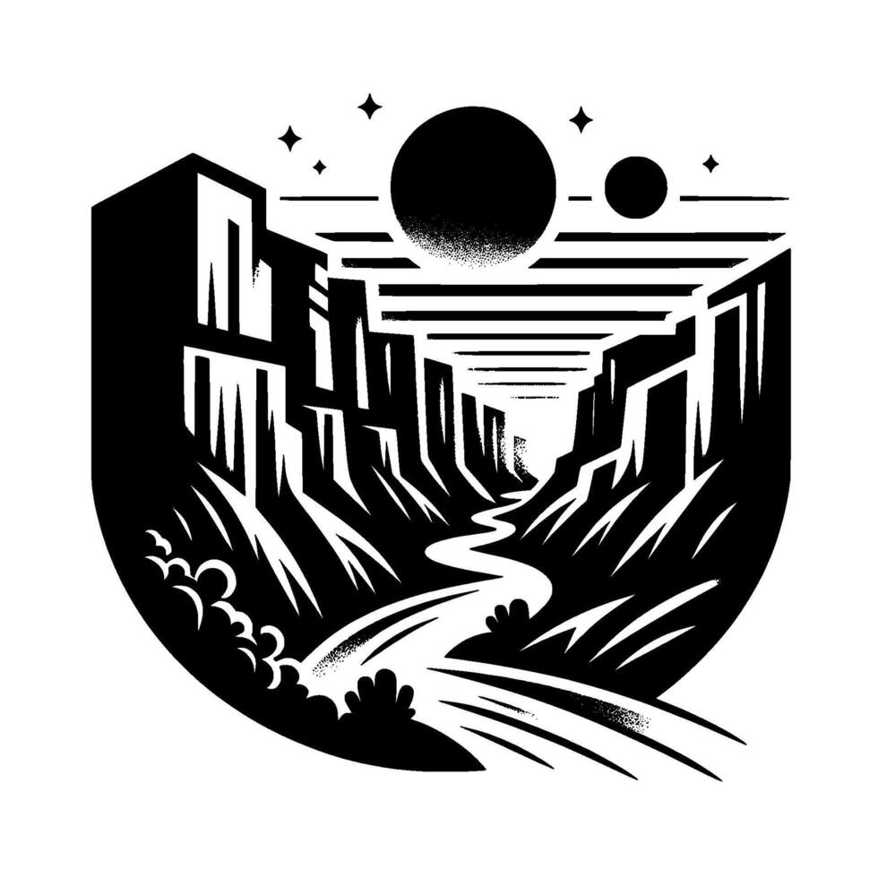 Abstract landscape featuring canyon, river, celestial bodies, and stylized vegetation within a circular frame, rendered in bold monochrome style. vector