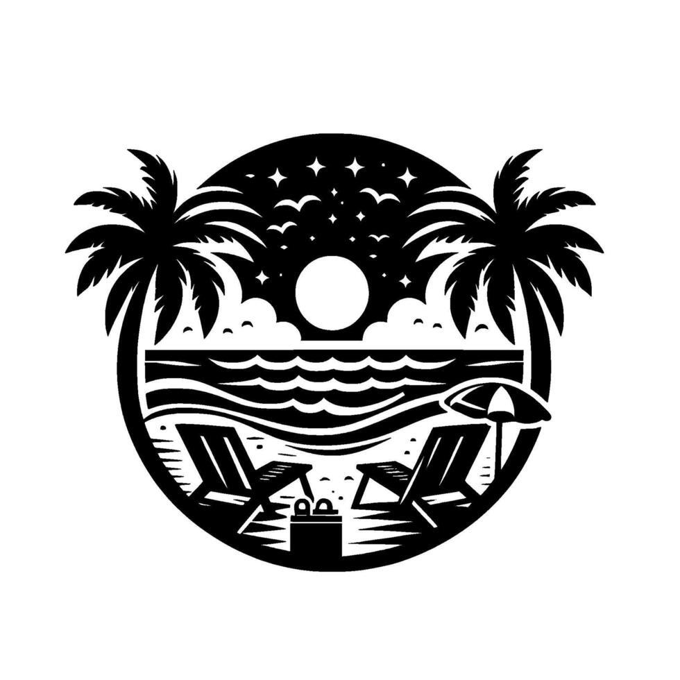 Silhouette of a tranquil beach scene at night within a circle, featuring palm trees, ocean, stars, two chairs, umbrella, and a beach bag, evoking relaxation. vector