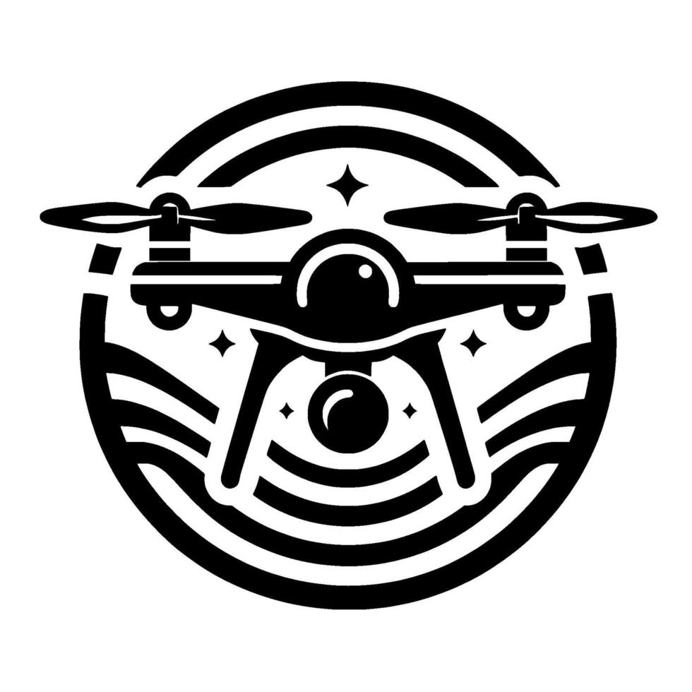 Minimalist Black White Drone with Circular Frame, Stars, and Stylized WaveLike Details, Representing Modern Technology. vector