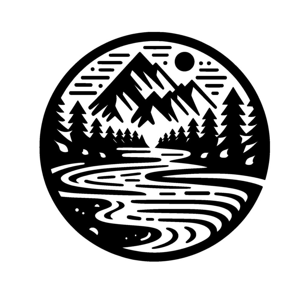 Black and White Circular Nature Scene Depicting Mountains, Forest, River, and Sun Minimalist vector