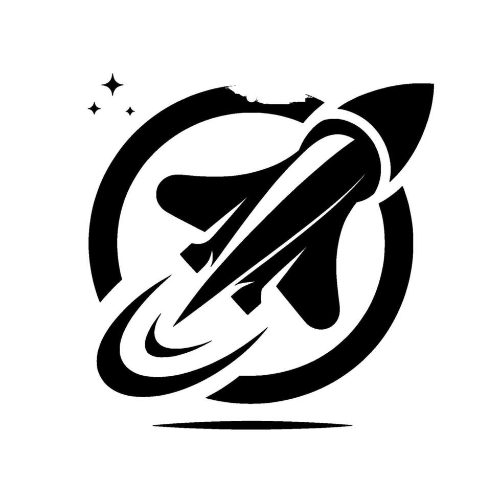 Monochrome Rocketship Symbol Blasting Through Orbit, Evoking Space Exploration Technological Advancement. vector