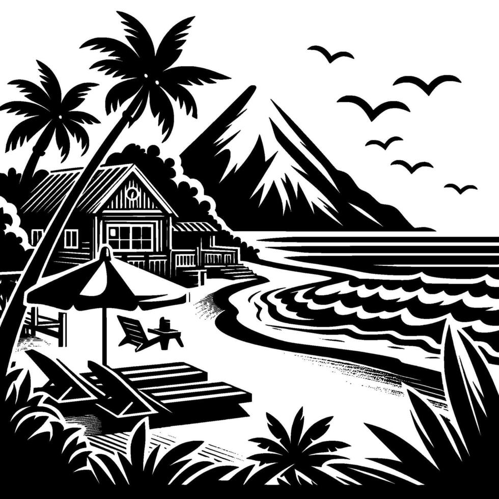 Black and White Beach Scene Seaside Cottage, Palm Trees, Lounge Chairs, Mountain, Birds, and Ocean Waves. vector