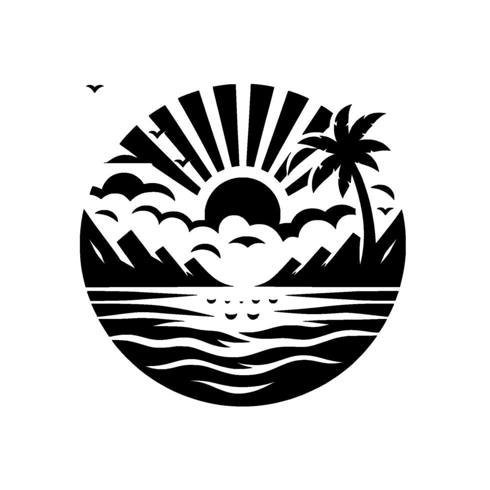 Black and white round illustration of a sunset over a tropical island with palm trees, mountains, clouds, and ocean waves, with flying birds. vector