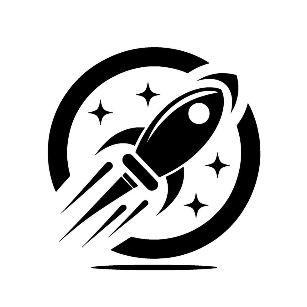 Black and white stylized illustration of a rocket ship blasting off, framed by a circular orbit with star accents. vector