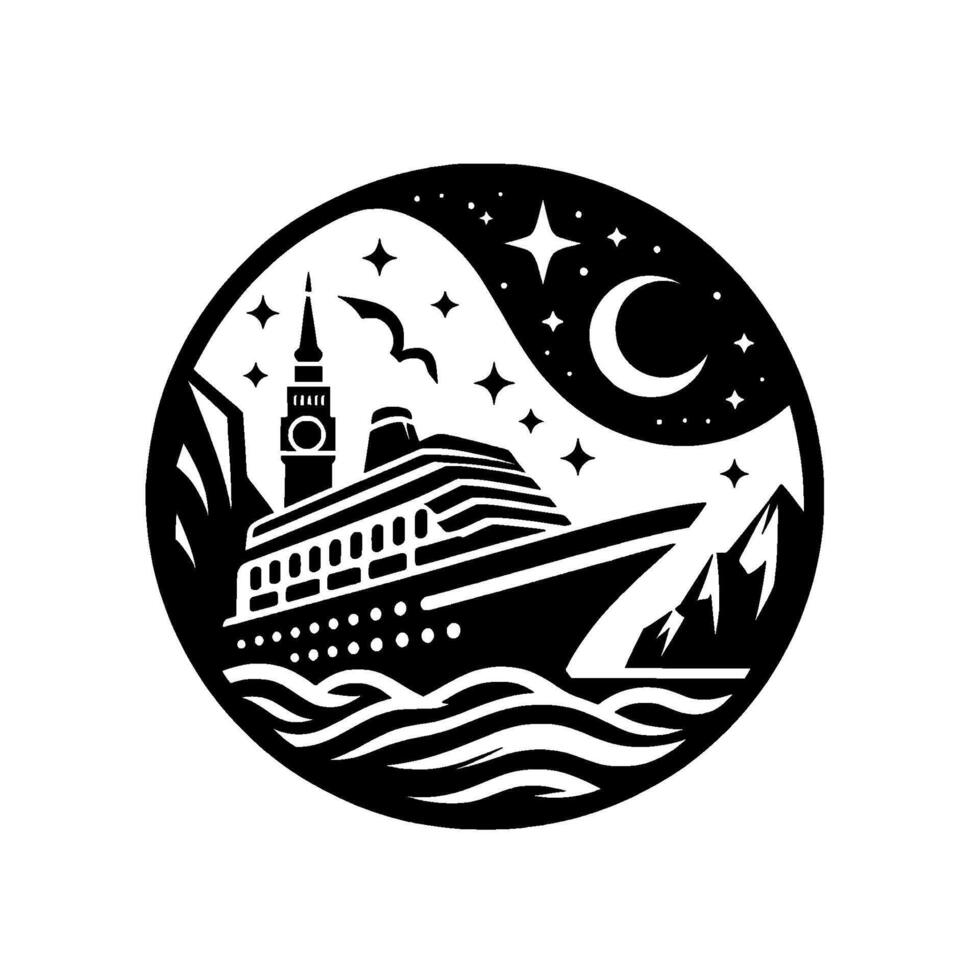 Black and White Circular Illustration of a Cruise Ship Sailing Past a City and Mountains Under a Night Sky with Crescent Moon and Stars. vector