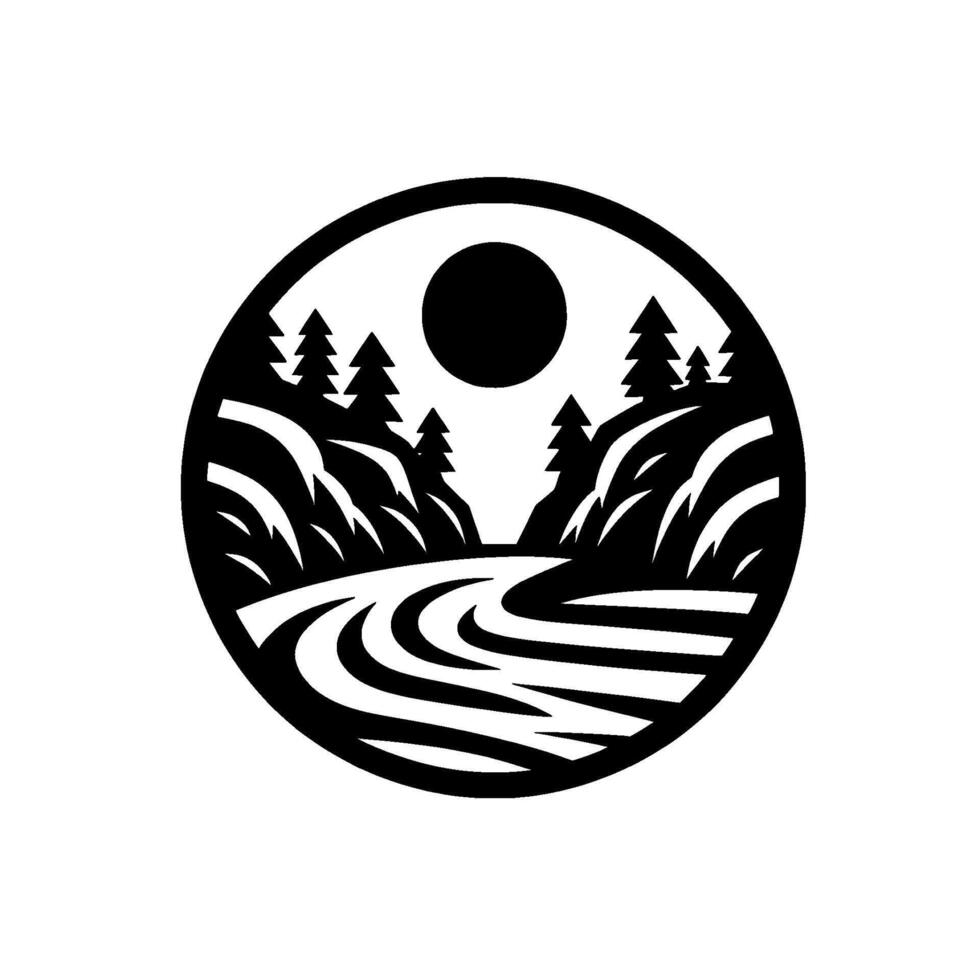 A Black and White Circular Silhouette Depicting a Serene Landscape Winding River, Pine Trees, and a Sun. vector
