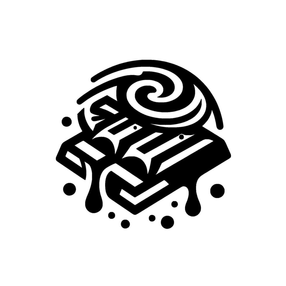 Stylized Black White Illustration of Melted Chocolate Bar Topped with Swirling Whipped Cream or Frosting, Dripping Chocolate. vector