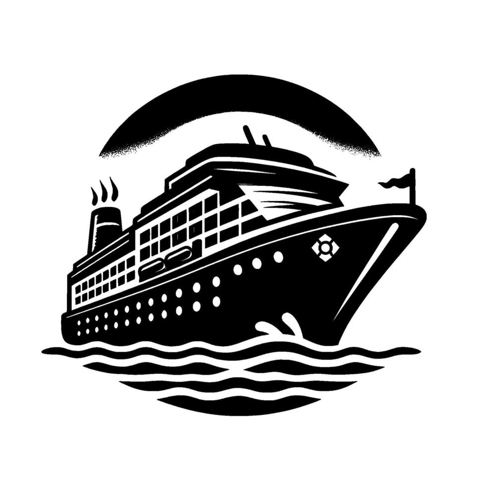 Black and White Cruise Ship A Stylized Illustration with Waves, Smoke, and a Subtle Arc on White. vector