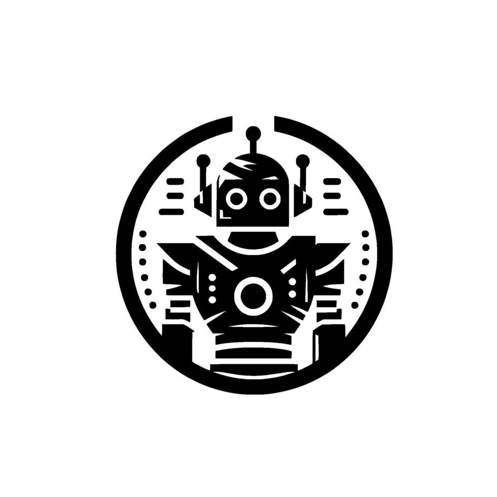 A stylized black and white robot illustration, centrally positioned within a segmented circular frame, on a neutral background. vector