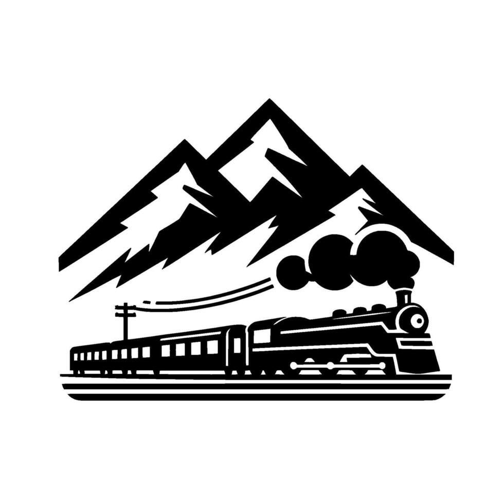 A striking monochrome depicting a vintage steam train journeying through majestic mountain scenery, evoking nostalgia. vector