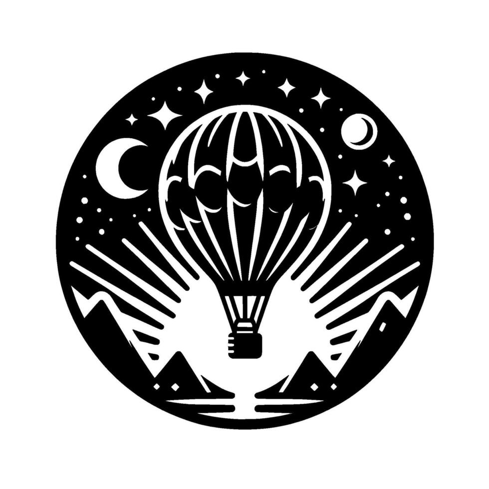 Silhouette of a hot air balloon soaring above mountains under a crescent moon and starry night sky, all contained within a circular frame. vector