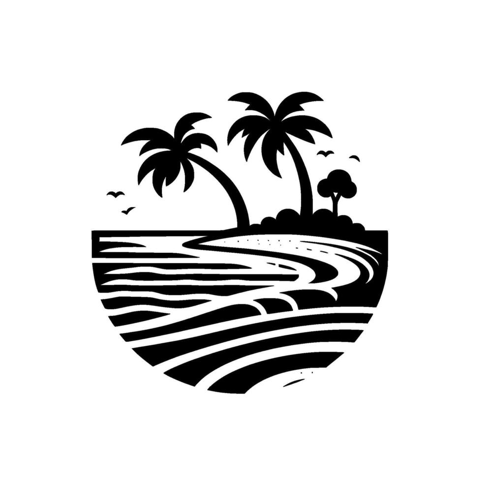Black and White stylized illustration of a tropical island landscape with palm trees, birds, sand, waves, and vegetation enclosed in a halfcircle. vector