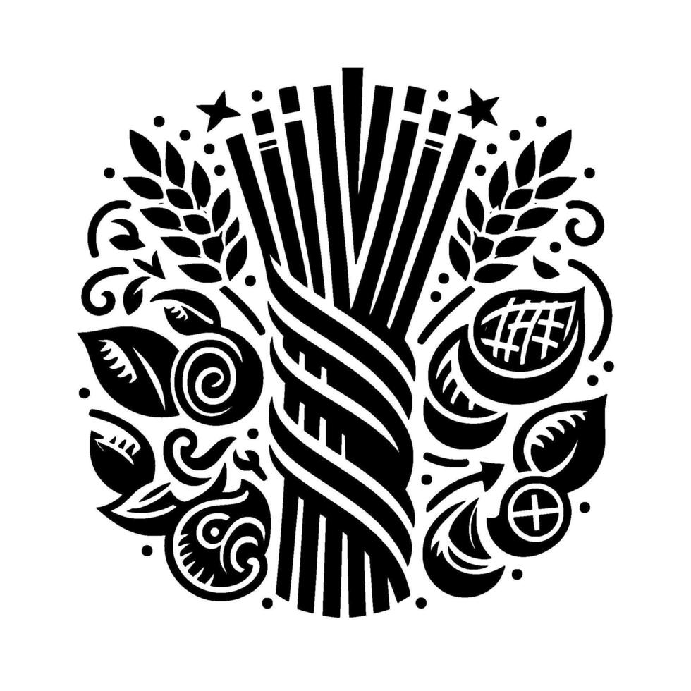 Black and white circular illustration featuring stylized wheat, fruit, and other foliage intertwined with a sheaf of stalks, evoking a harvest or bounty theme. vector