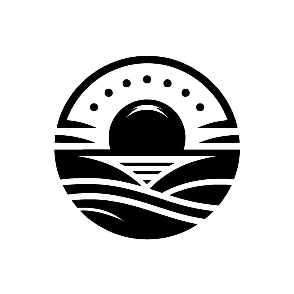 Minimalist Black White Sunset Over Rolling Hills and Water, Inside a Circle, Dot Embellishment. vector