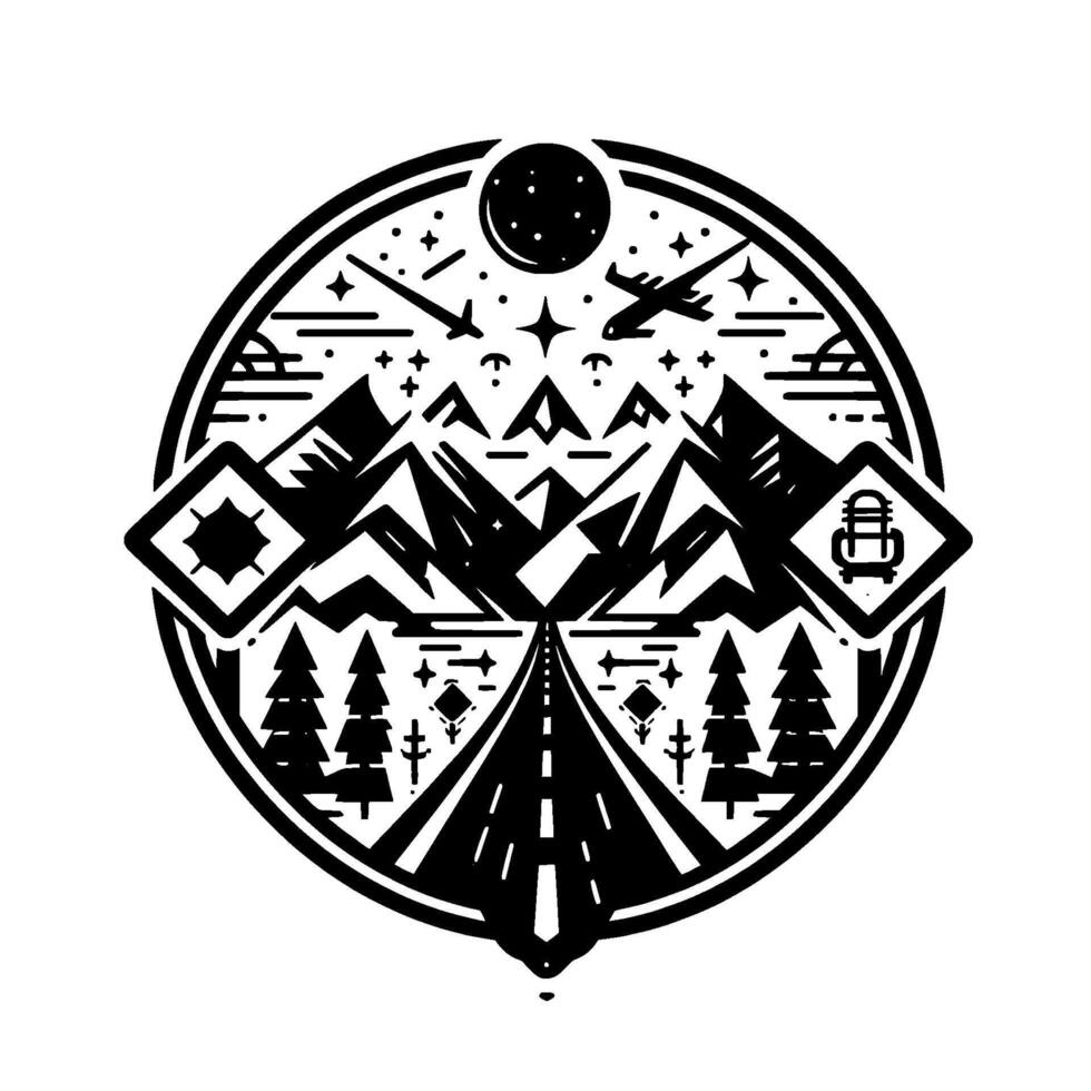 Black and White Mountainous Landscape with Road, Trees, and Celestial Elements within a Circular Frame, Featuring Airplane and Meteor. vector
