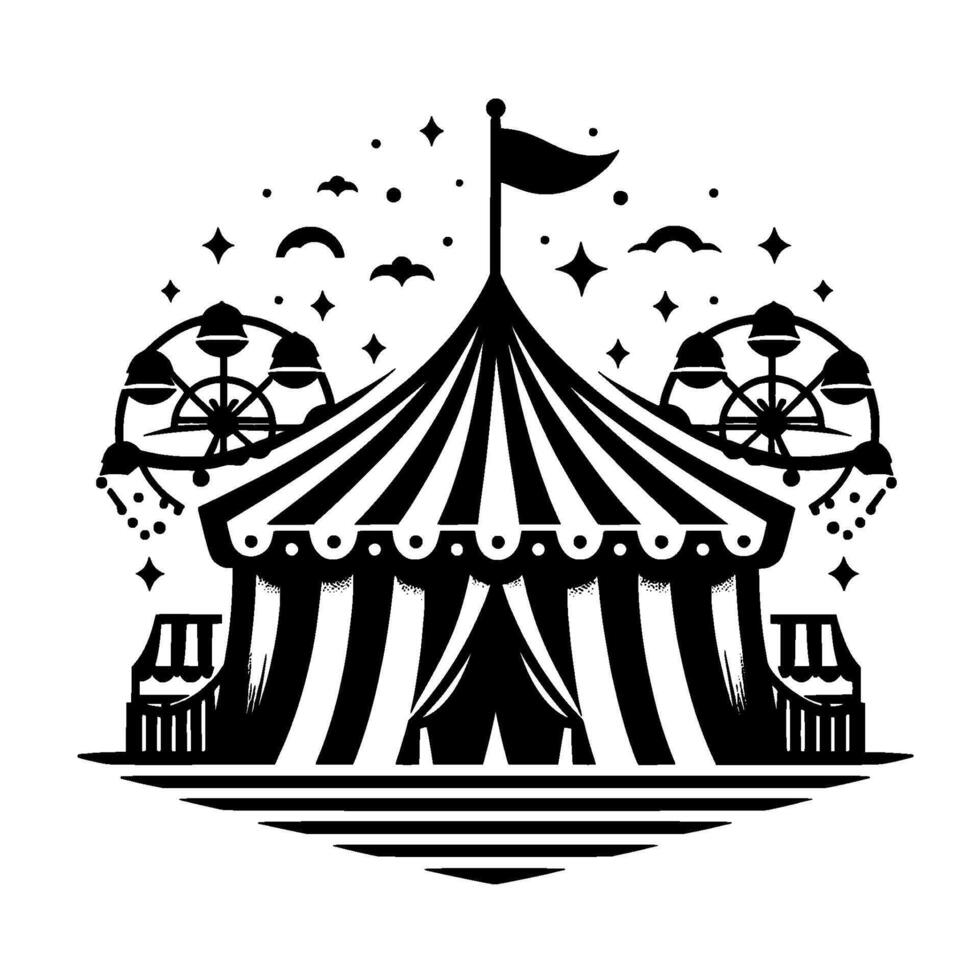 Festive Black and White Illustration Circus Tent with Ferris Wheels, Stars, Clouds, and Decorative Elements. vector