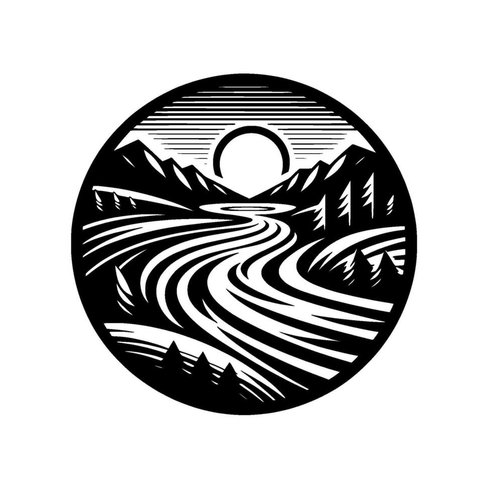 A circular minimalist landscape illustration showcasing a winding river between rolling fields and mountains, with a stylized sun, all contained within a circle and rendered in contrasting black and w vector