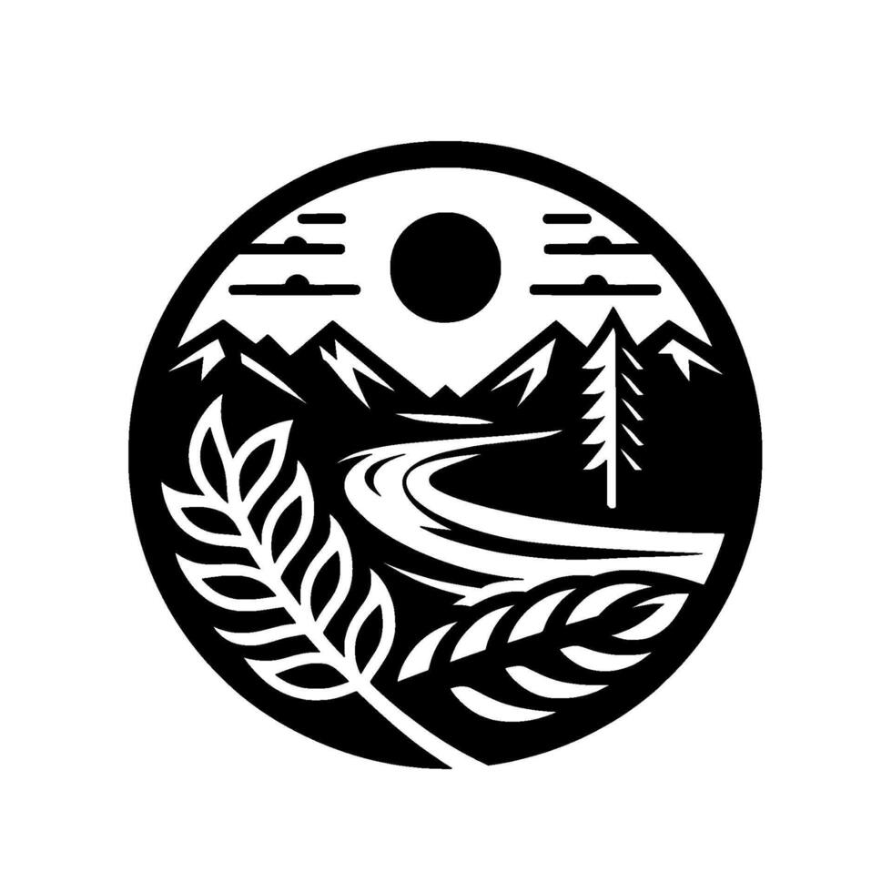 Circular Emblem Black White, Naturethemed, Mountainous Landscape with a Sun, Road, Tree, and Leafy Sprigs vector