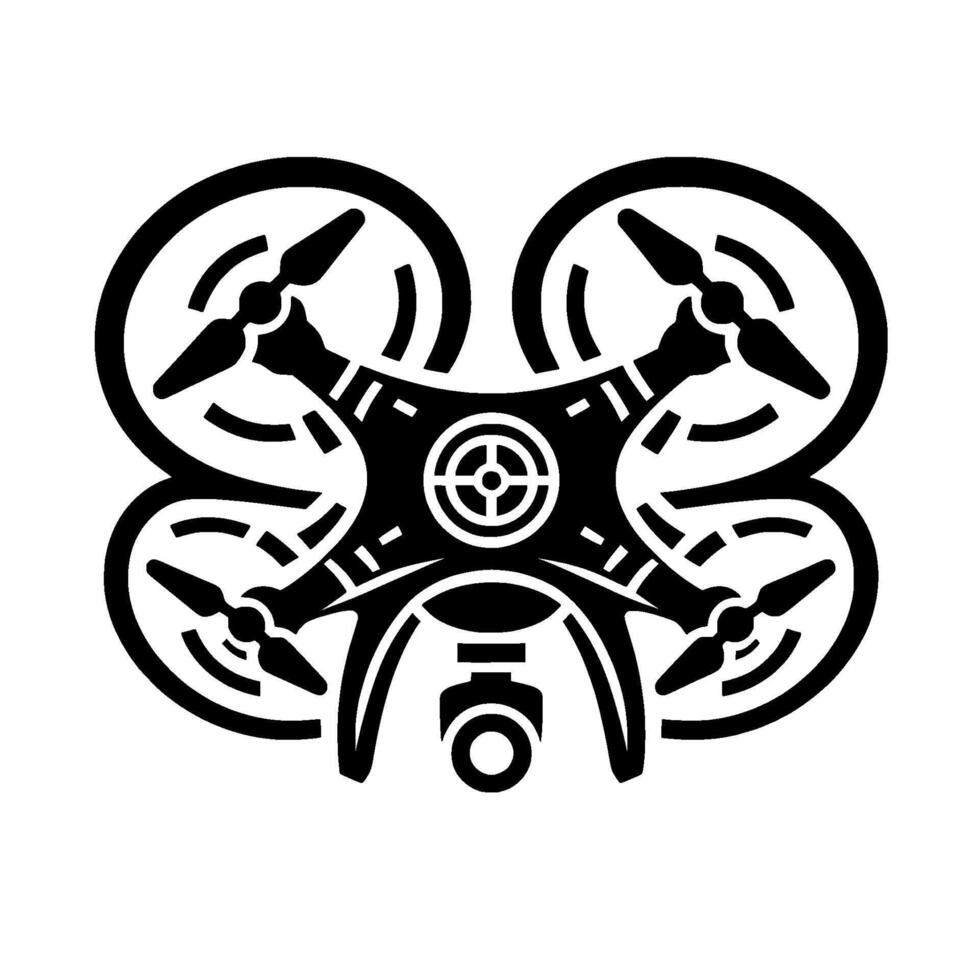 Bold, minimalist black and white illustration of a symmetrical drone, featuring propellers and central targetlike , casting a subtle shadow. vector