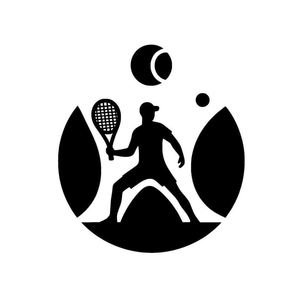 Silhouette of a Tennis Player in Action, Holding Racket, with Tennis Balls and Abstract Oval Frame, Black and White . vector