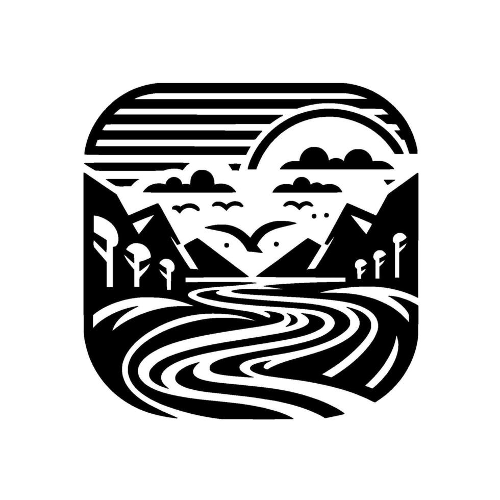 Monochromatic Landscape A stylized black and white illustration featuring mountains, river, birds, clouds, trees, and a layered horizon. vector