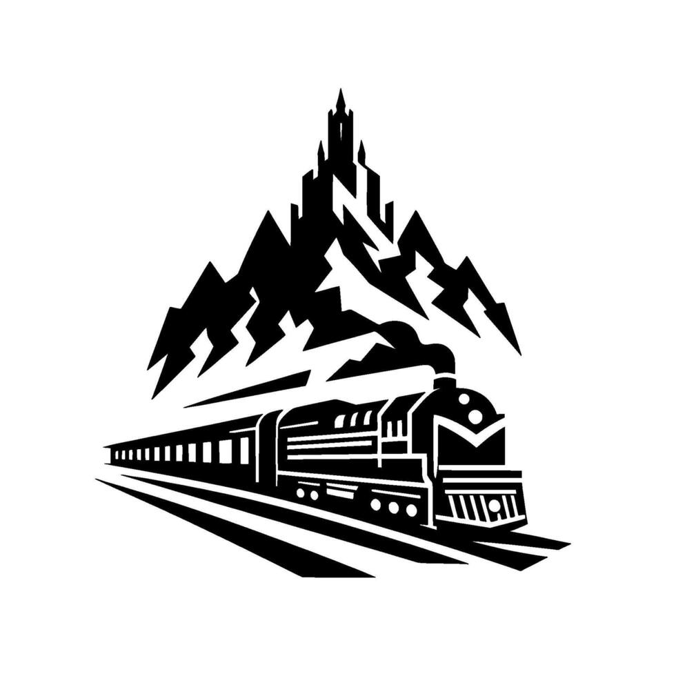 A bold, monochrome illustration of a vintage train beneath a stylized, jagged mountain range suggesting travel and adventure. vector