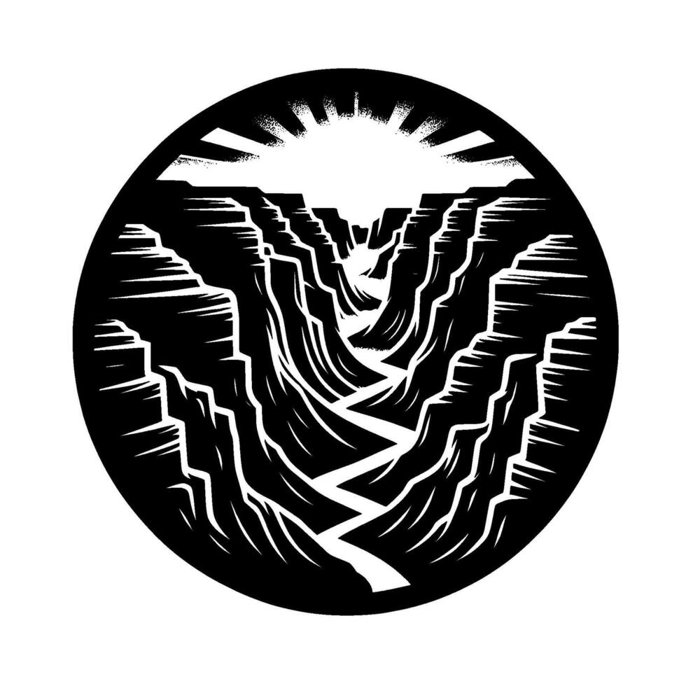 Black and White Canyon Illustration A stylized landscape within a circular frame depicts a deep canyon bathed in sunlight, conveying dramatic topography and contrasting light. vector