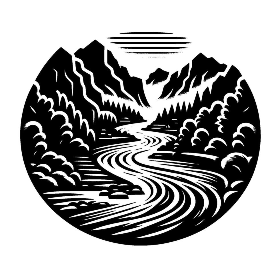 Black and White Illustration Scenic Mountain River Landscape in a Circular Frame. Stylized . vector