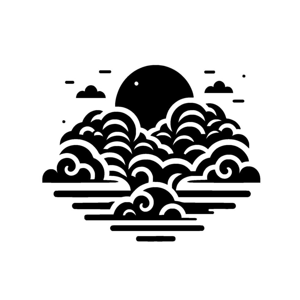 Minimalist Black White Illustration Circular Sun Emerging Over Layered, Swirling Cloudscape, Geometric Aesthetic. vector