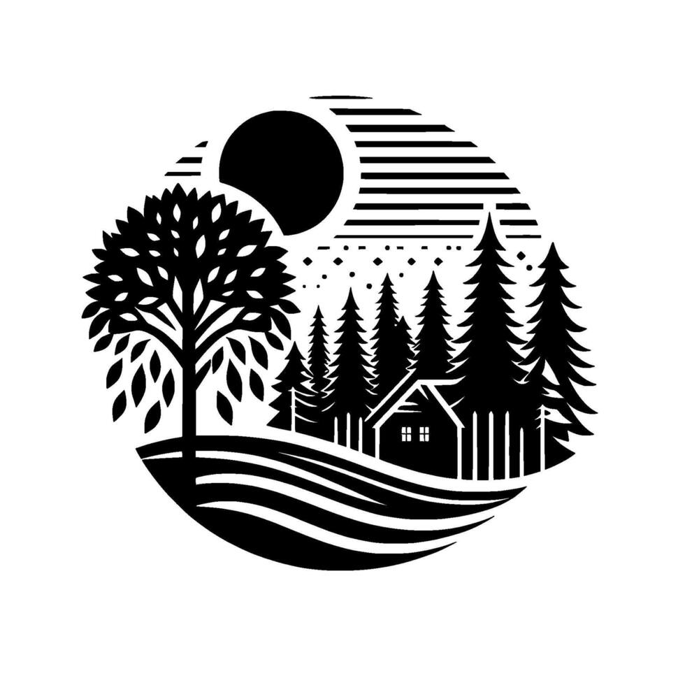 Circular Minimalist Black White Illustration Cabin, Trees, Sun, and Landscape, Capturing Serene Nature with a Simple Silhouette vector