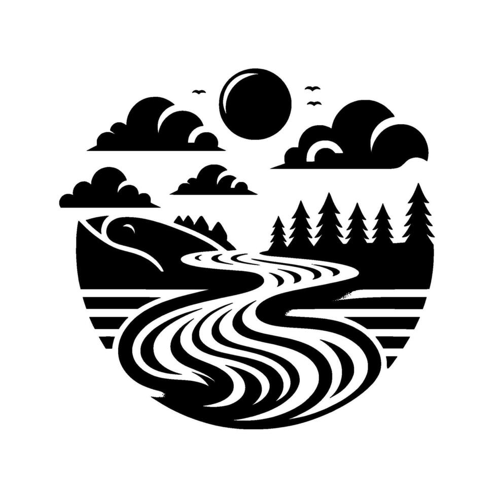 A minimalist, circular black and white landscape illustration depicting a winding river through a forest, with a sun, clouds, and birds. vector