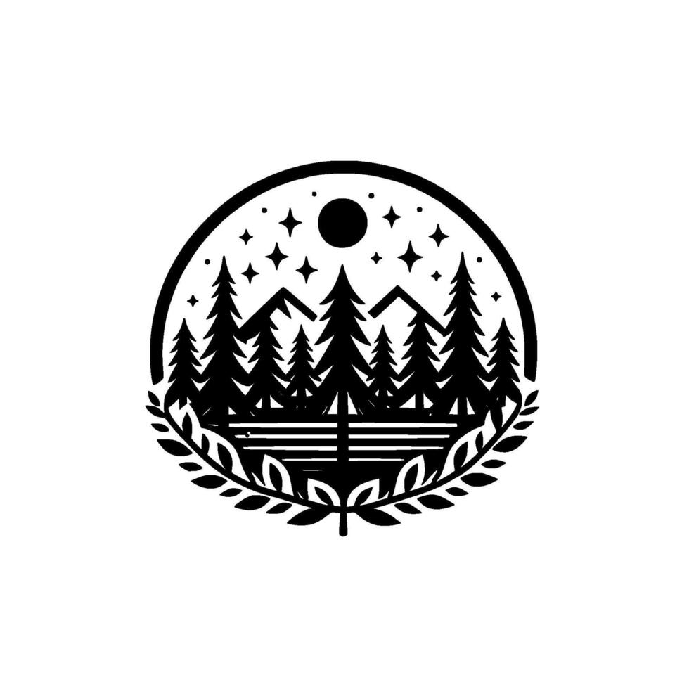 Black and White Minimalist Emblem Forest, Mountain, and Starry Sky Within a Circular Laurel Wreath. vector