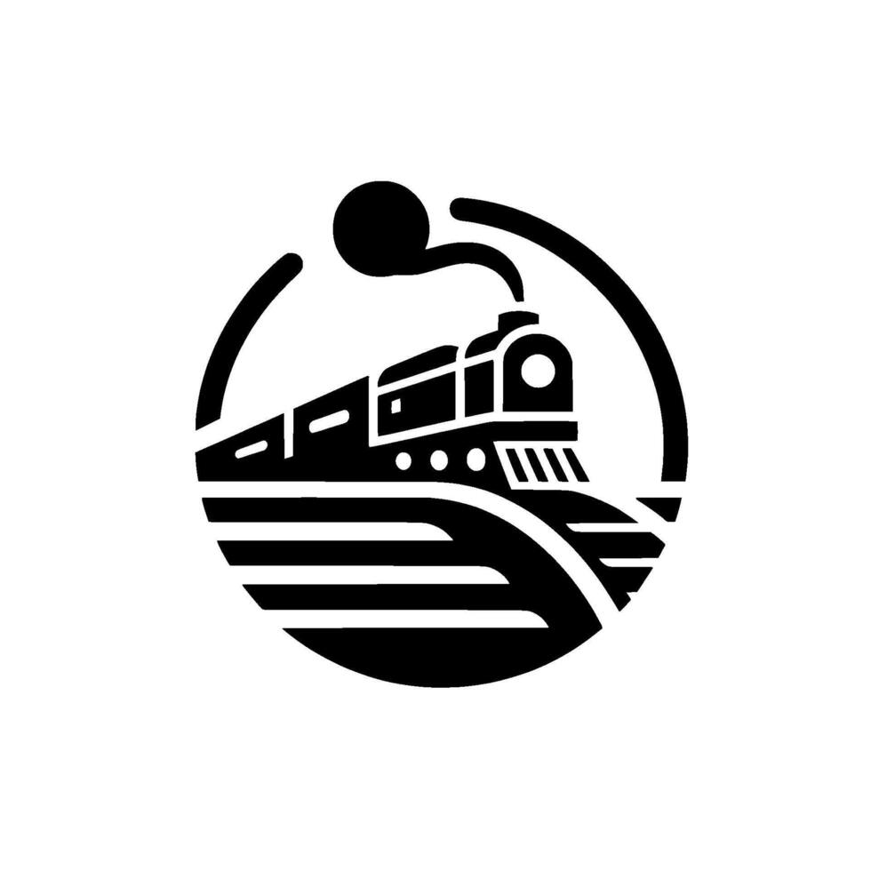 Black and white minimalist illustration of a steam train in a circular frame, symbolizing travel and transportation. vector