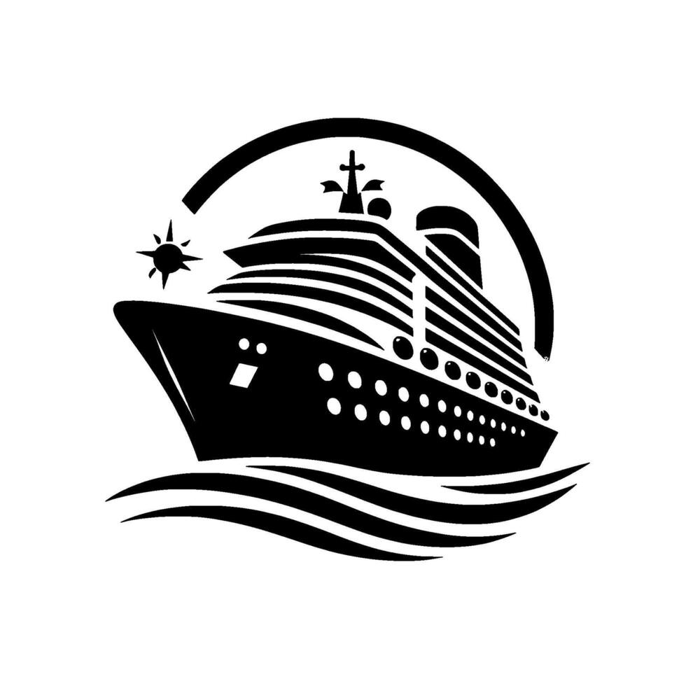 Silhouette of a Cruise Ship with Sun and Waves Minimalist Black White , Emblematic of Travel, Holiday, and Adventure. vector