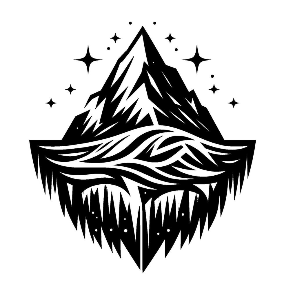 Monochrome TattooStyle Illustration of Mountain Range Above a Wavy Line and Spiked Border, Surrounded by Stars. vector