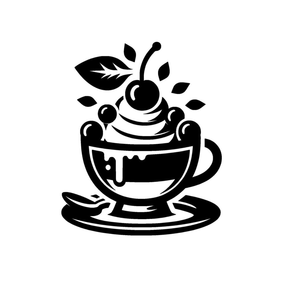 A stylized, minimalist black and white depiction of a cup of beverage, garnished with cream, cherries, and leaves. vector