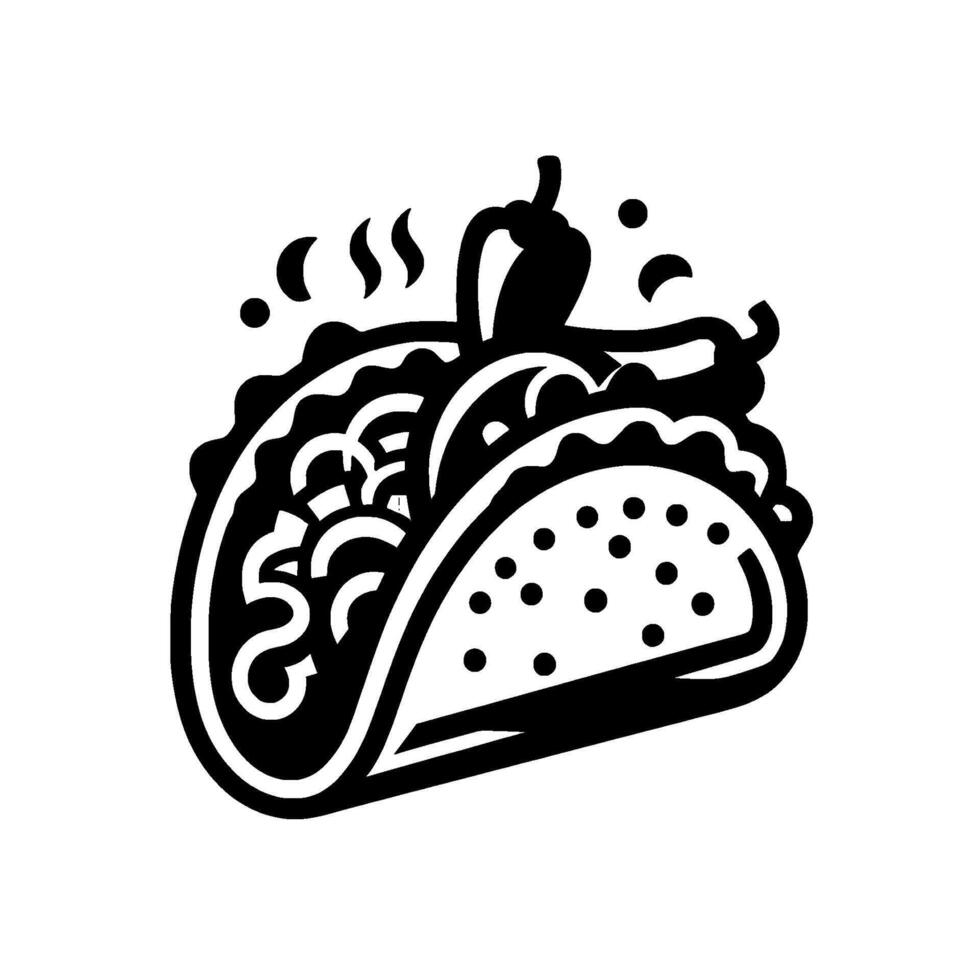 Stylized Black and White Taco Illustration with Steaming Peppers and Decorative Elements, perfect for Food Logos. vector