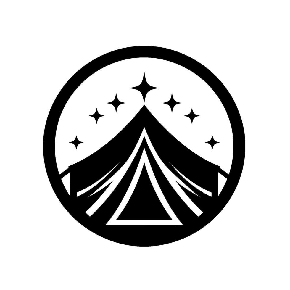 Black and White Camping Emblem A tent silhouette within a circle, stars above, creating a minimalist camping . vector