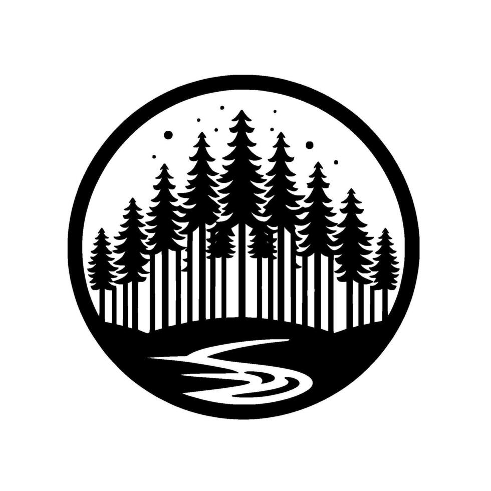 Black and White Circular Forest Scene, Showcasing a Silhouetted Pine Tree Grove, Reflecting in a Serpentine River, Emphasizing Natures Simplicity. vector