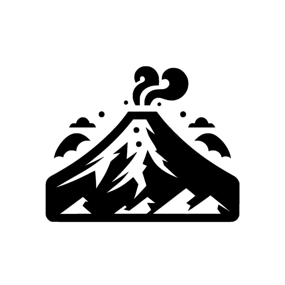Stylized black and white illustration of a volcano erupting, with abstract cloud elements and simple geometric mountain landscape. vector