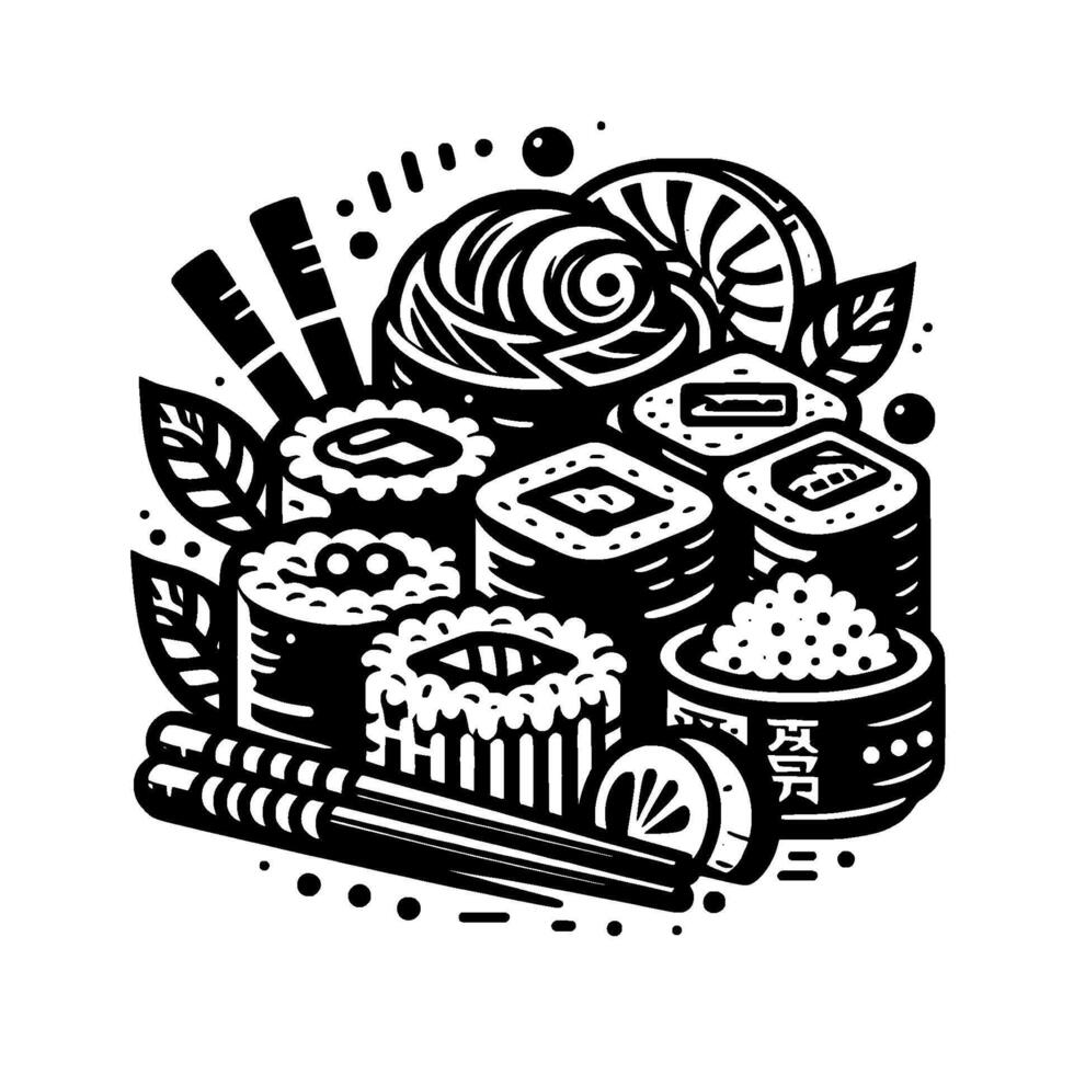 Detailed black and white illustration of a sushi arrangement featuring various maki rolls, sashimi, rice, and chopsticks, alongside traditional Japanese elements. vector