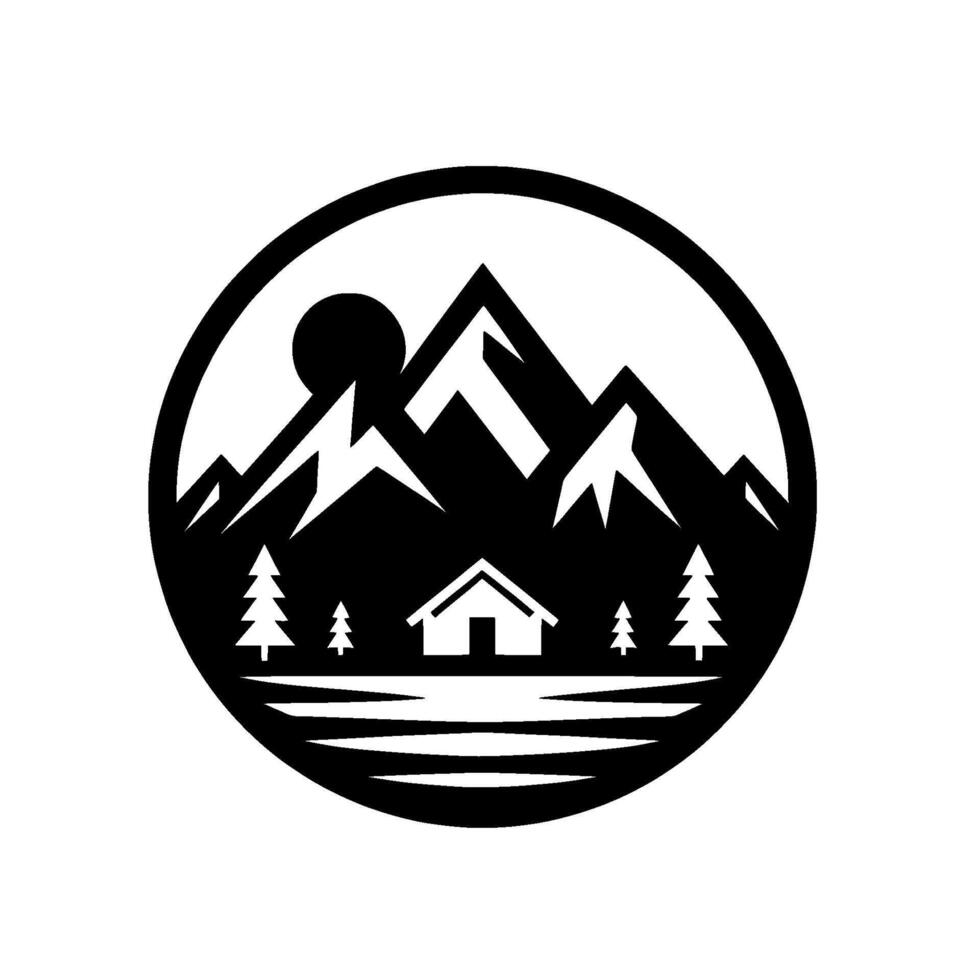 Circular blackandwhite minimalist illustration of a cabin nestled beneath mountain peaks, with trees, a sun, and a lake. vector