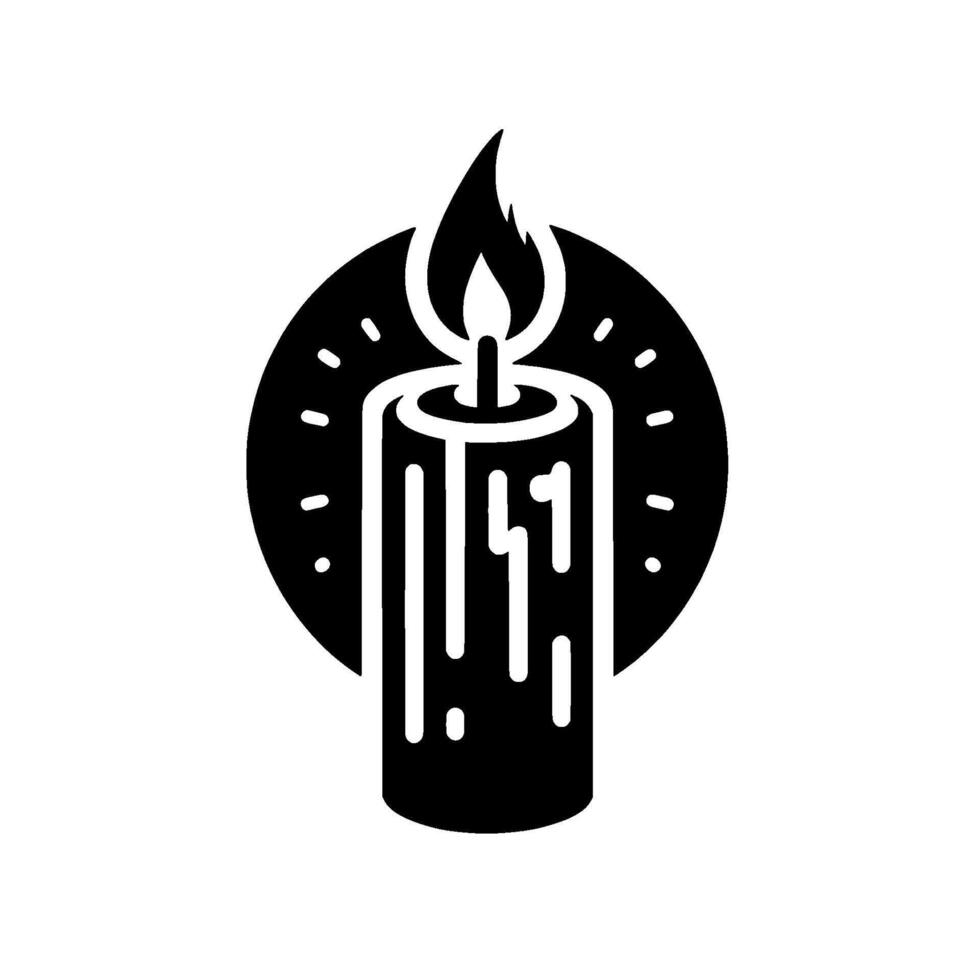 Stylized black and white illustration of a burning candle with a glowing circle background, minimalist . vector
