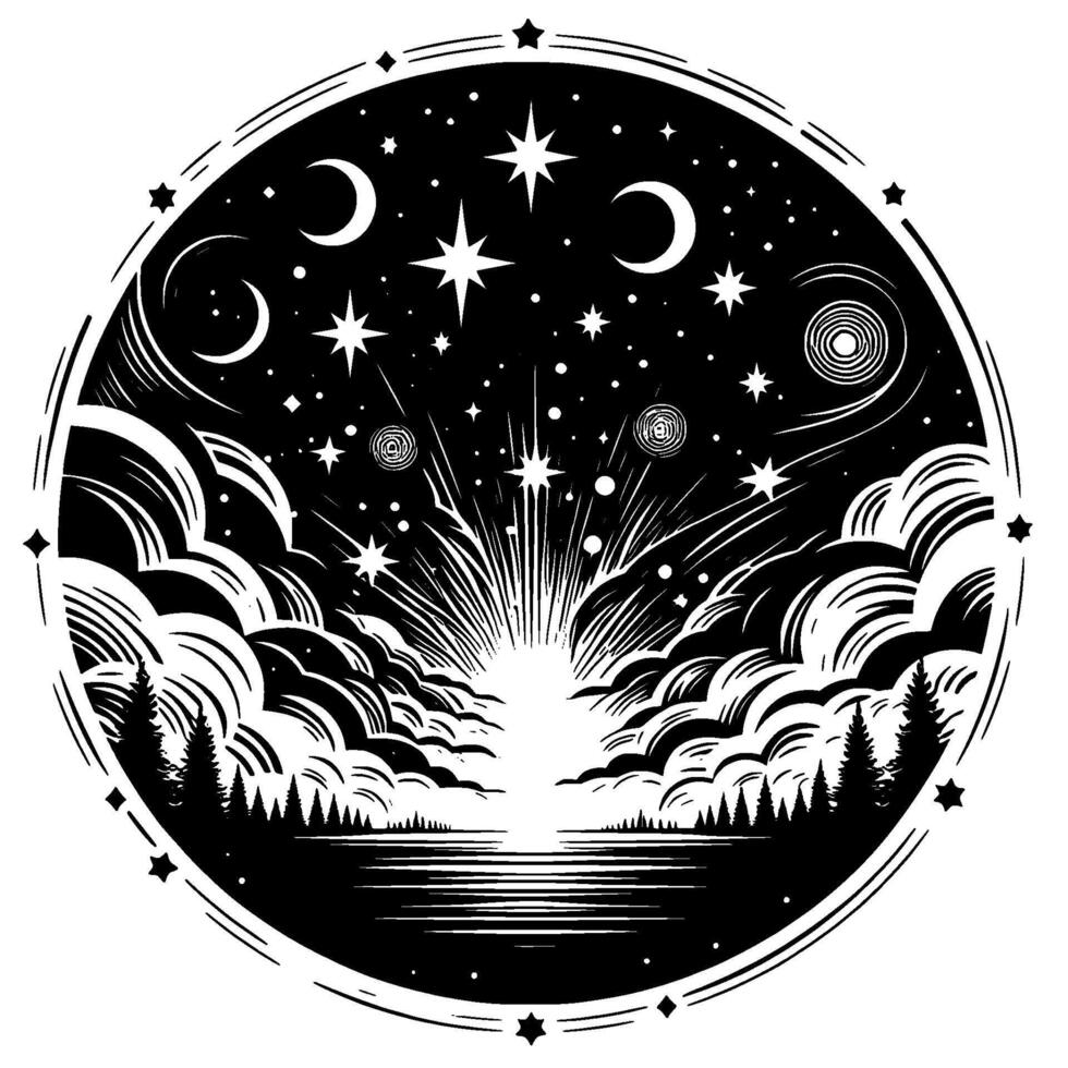 A Celestial Dreamscape Circular Black and White Illustration of Stars, Moons, Clouds, Trees, and a Shimmering Lake. vector