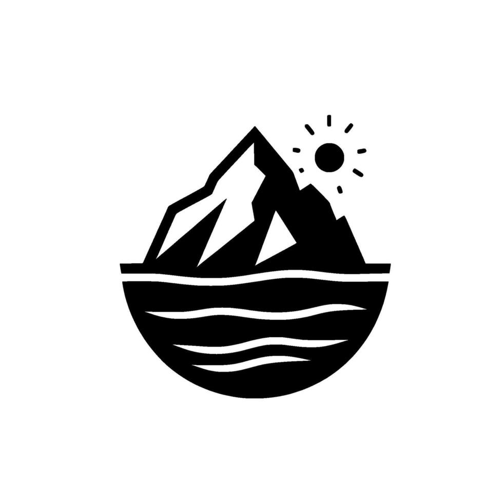 Simplified black and white of a mountain range with snow peaks over wavy water under a sunny sky. vector