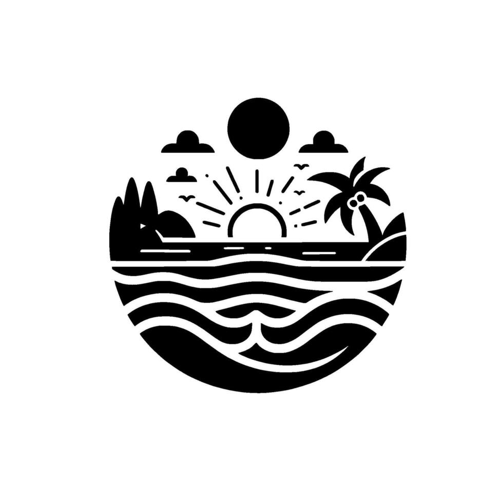 A minimalist, blackandwhite circular illustration depicts a stylized sunrise over a tropical beach scene, including waves, palm tree and mountains. vector