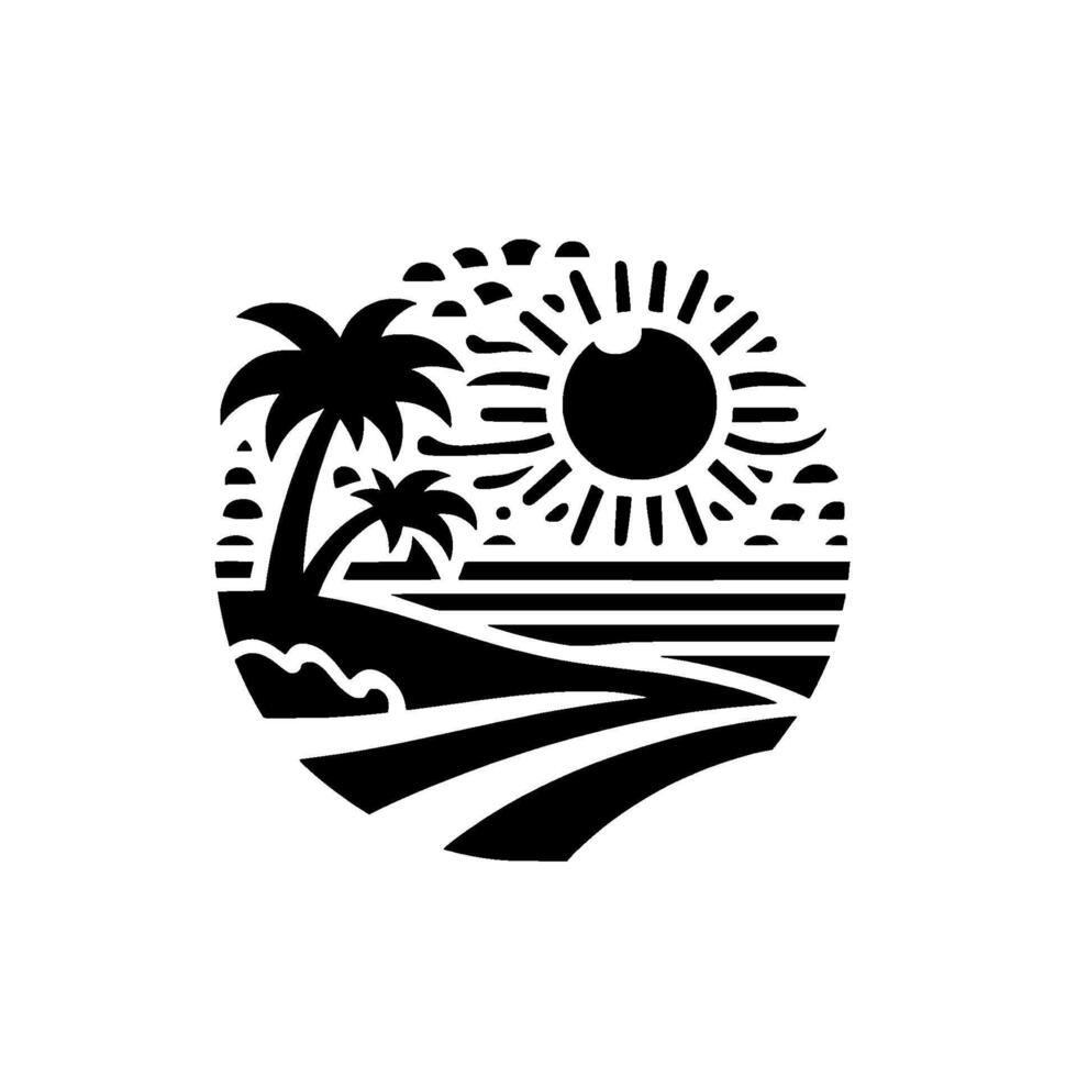 Black and white circular beach scene illustration with palm trees, radiant sun, and serene coastal landscape. vector