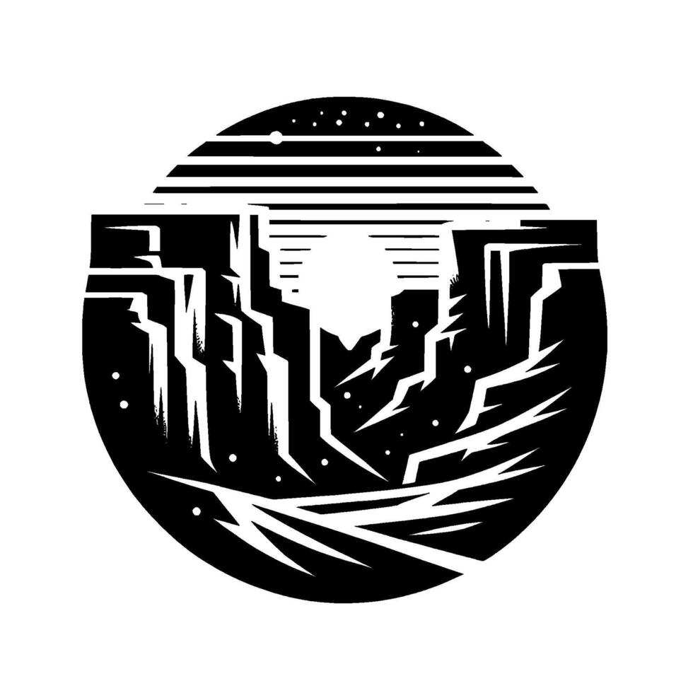 Black and white geometric landscape silhouette depicting a canyon, moon or sun, and stars within a circular frame, minimalistic and modern. vector