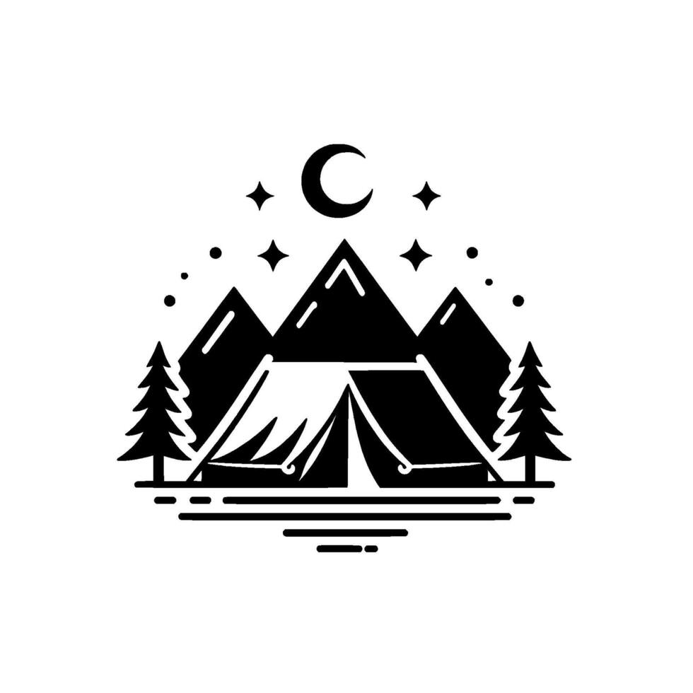 A minimalist black and white illustration of a campsite at night under a crescent moon and starry sky, mountain range in background. vector